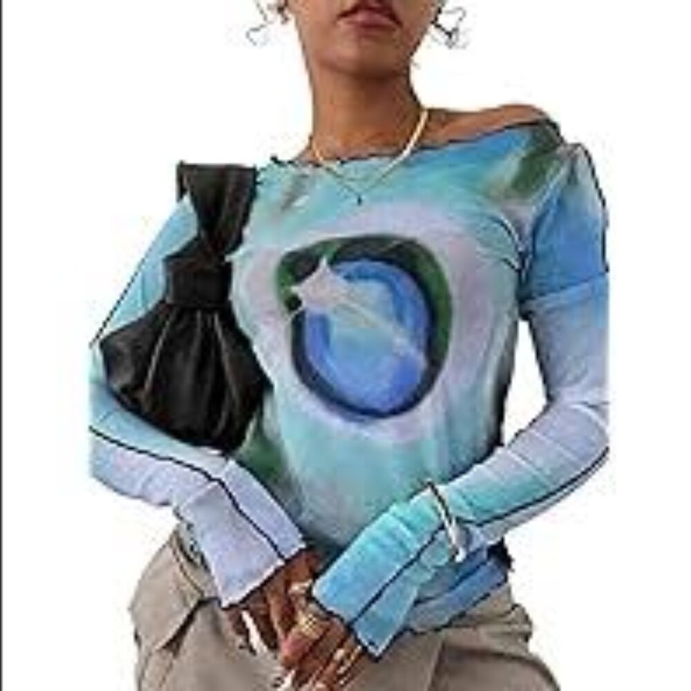 Blue Tie-Dye Off-Shoulder Long Sleeve Blouse